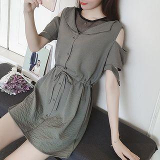 Mesh Panel Cold Shoulder Short-sleeve A-line Dress