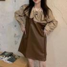 Peter Pan Collar Blouse / Faux Leather Overall Dress
