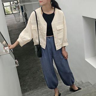 Loose-fit 3/4-sleeved V-neck Blouse