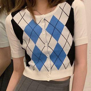 Short-sleeve Argyle Print Cropped Cardigan
