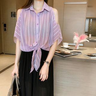 Cutout-shoulder Stripe Shirt