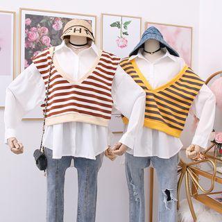 Set: Loose-fit Striped Vest + Long-sleeved Shirt