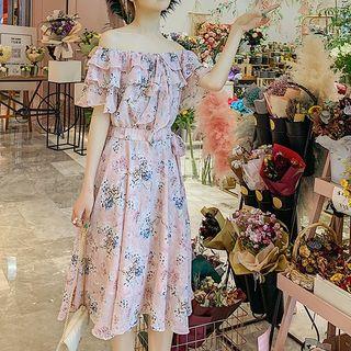 Off-shoulder Midi Floral Chiffon Dress