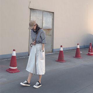 Elbow-sleeve Striped T-shirt / Plain Culottes