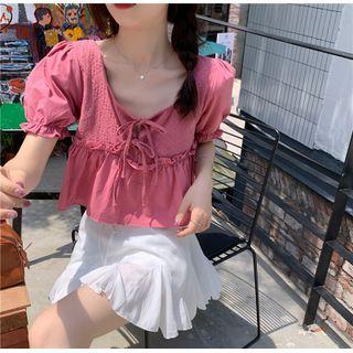Puff-sleeve Plain Ruffle Trim Square-neck Lace-up Top Red - One Size