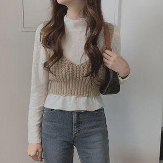 Set: Long-sleeve Mock-neck Mesh Top + Knit Camisole Top