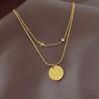 Disc Cross Rhinestone Pendant Layered Alloy Necklace Gold - One Size