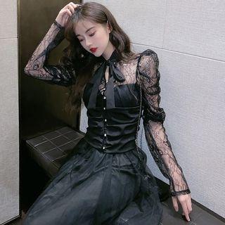 Lace Panel Blouse / Mesh A-line Skirt