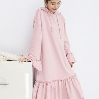 Plain Drawcord Ruffled-trim Long-sleeve Dress Pink - One Size