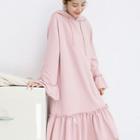 Plain Drawcord Ruffled-trim Long-sleeve Dress Pink - One Size