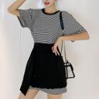 Set: Short-sleeve Striped Oversized Top + Bow Accent Button-side Mini Skirt