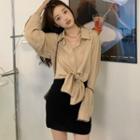 Tie-front Ruffled Blouse / A-line Skirt / Faux Leather Jacket