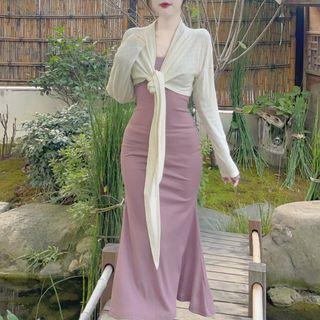 Long-sleeve Halter-neck Midi Sheath Dress / Sashed Cardigan / Set