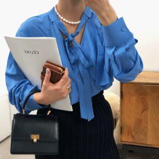 Tie-neck Button-back Ruffled Blouse