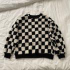 Round Neck Check Fleece Sweatshirt Black & White - One Size