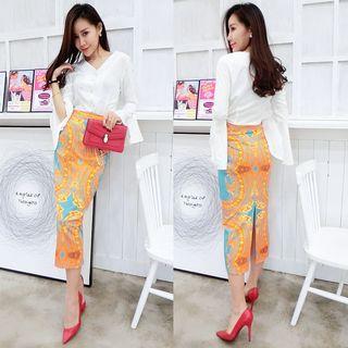 Set: V-neck Bell-sleeve Blouse + Patterned Midi Skirt