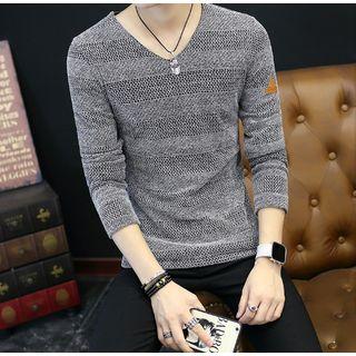 Striped Short-sleeve T-shirt / V-neck Long-sleeve T-shirt Black - M