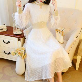 Long-sleeve Cutout Feathered A-line Midi Dress