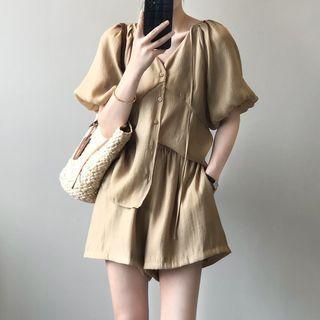 Set: Short-sleeve Drawstring Blouse + Shorts