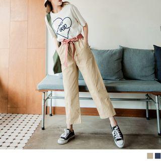 Contrast Belt Waist Wide-leg Pants
