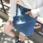 Fray-hem Distressed Denim Miniskirt