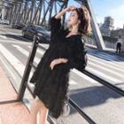 3/4-sleeve V-neck Fringed Mini A-line Dress Black - One Size