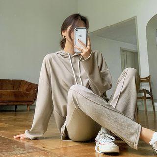 Set: Hooded Textured Top + Band-waist Boot-cut Pants