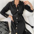 Tie-waist Button-up Knit Midi Sheath Dress