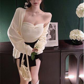 Set: Strapless Ribbed Knit Top + Cardigan