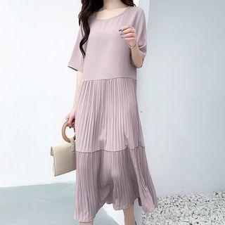 Short-sleeve Plain Accordion Pleat Dress