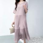 Short-sleeve Plain Accordion Pleat Dress