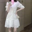Short-sleeve Eyelet Lace Mini Mermaid Dress White - One Size
