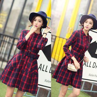 Check Belted Stand Collar Long-sleeve Dress