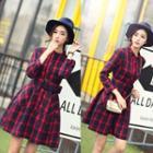 Check Belted Stand Collar Long-sleeve Dress