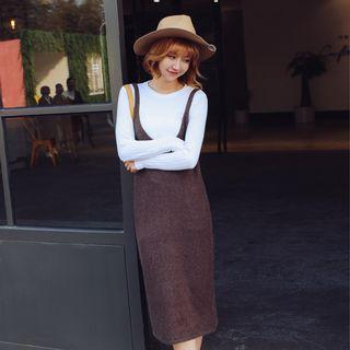 Set: Long-sleeve Knit Top + V-neck Knit Pinafore Dress
