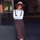 Set: Long-sleeve Knit Top + V-neck Knit Pinafore Dress