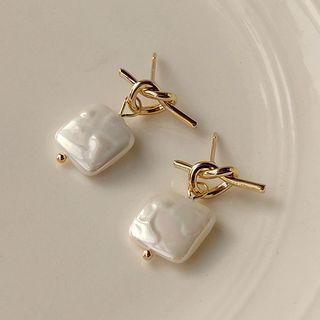 Knot Faux Pearl Square Alloy Dangle Earring 1 Pair - A134 - White - One Size