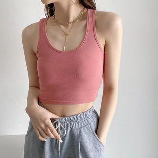 Scoop Neck Ribbed Plain Crop Tank Top