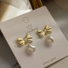Bow Faux Pearl Earring 1 Pair - Gold & White - One Size