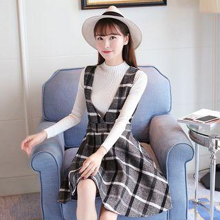 Set: Mock Neck Long-sleeve Knit Top + Check V-neck Pinafore Dress
