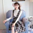 Set: Mock Neck Long-sleeve Knit Top + Check V-neck Pinafore Dress