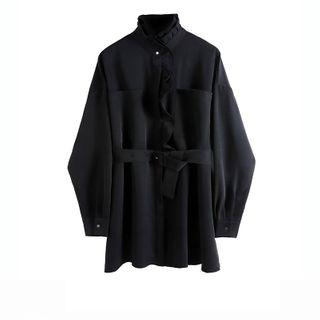 Frilled Trim Shirt Dress Black - One Size
