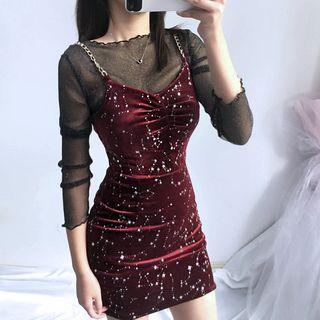 Set: Long-sleeve Mesh Top + Spaghetti Strap Mini Velvet Dress