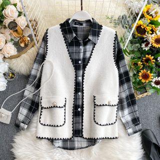 Set: Long-sleeve Plaid Shirt + Vest