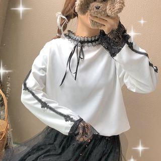 Lace-up Lace Long-sleeve Top White - One Size