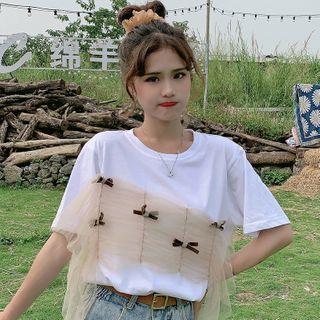 Short-sleeve Mesh-panel Bow-accent Top