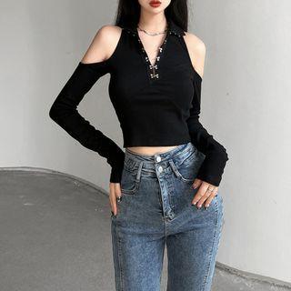 Long-sleeve Cold Shoulder Hook-closure Knit Top