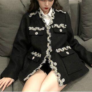 Tweed Trim Buttoned Jacket / Lace-up Shirt
