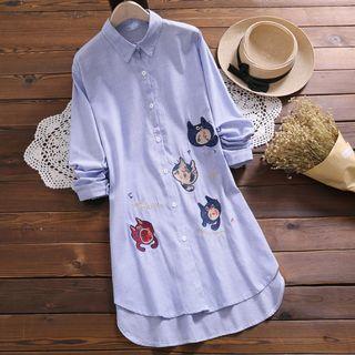 Long-sleeve Cat Embroidered Pinstriped Shirtdress