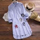 Long-sleeve Cat Embroidered Pinstriped Shirtdress